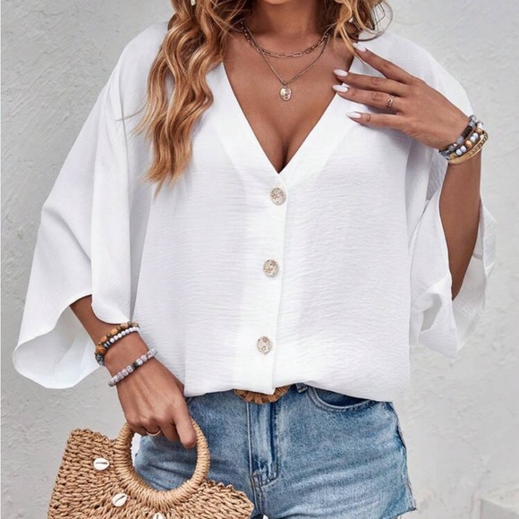 Oversized Loose Fit Batwing Sleeve Button Down Shirt Top Blouse - Picture 4 of 6